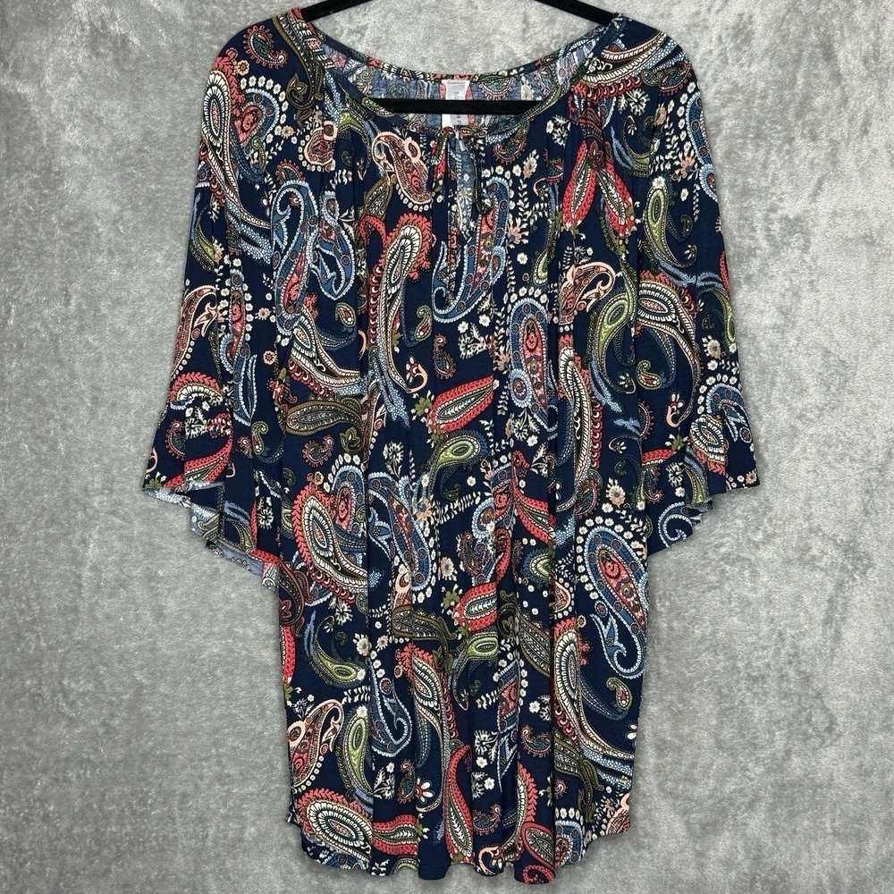 Honeyme Curvy XXL 2X Shirt Top Navy Blue Paisley Flutter Short Sleeve Scoop Neck